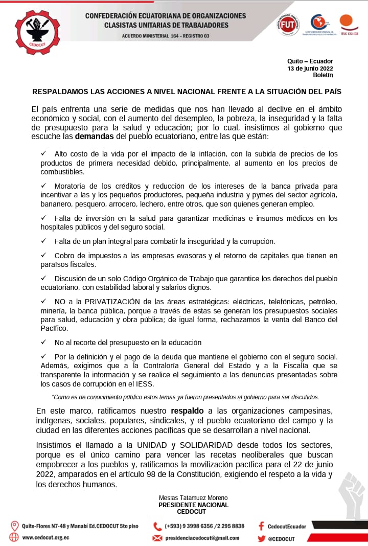 Respaldamos las acciones a nivel nacional frente a la situación del país